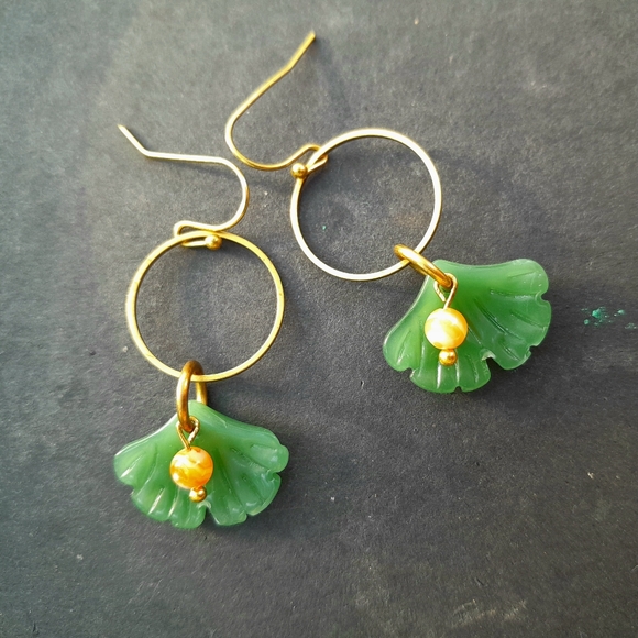 SOLD Handmade Ginkgo Dangles with Carnelian Accents - Picture 2 of 2